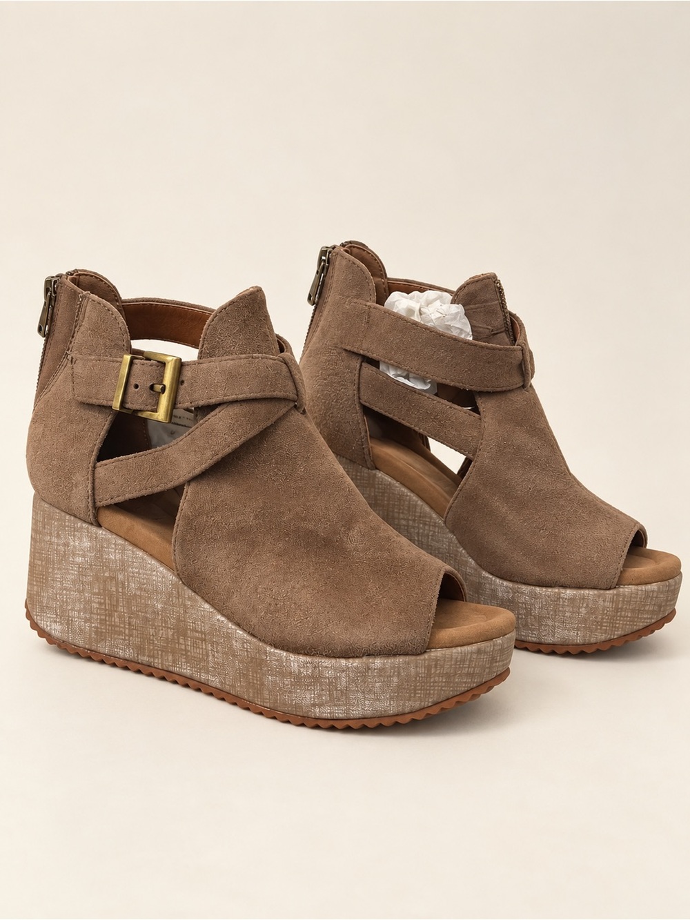 Taupe Suede Peep-Toe Platform Wedge Sandals